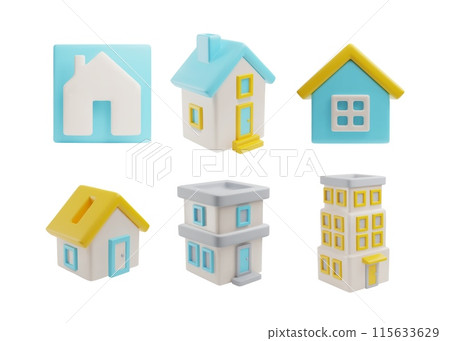 A set of 3D vectors depicting houses, from fancy cottages to multi-storey office buildings, highlighted A set of 3D vectors depicting houses, from fancy cottages to multi-storey office buildings, highlighted 115633629