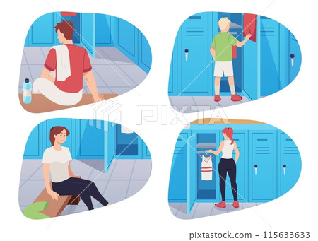 Vector illustrations of athletes changing clothes and sitting in the locker room Vector illustrations of athletes changing clothes and sitting in the locker room 115633633