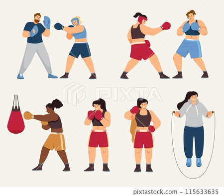 Vector set illustrations of male and female boxers, punching equipment, jump rope, punching bag 115633635