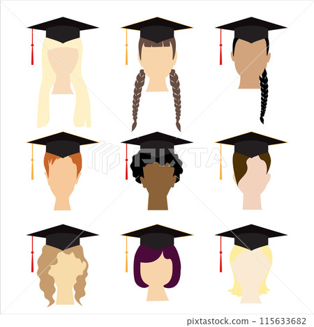 Set of student avatars in graduate hats. Boys and girls portraits with education student caps. Vector illustration Set of student avatars in graduate hats. Boys and girls portraits with education student caps. Vector illustration 115633682