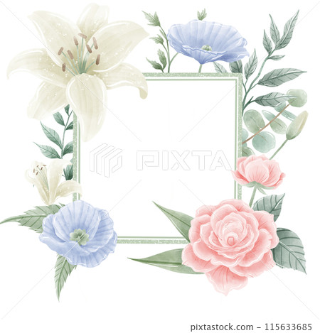 Watercolor Hand drawn illustration 4th of July Independence Day pink rose white lily blue flax flower frame wreath Decoration Illustration Clipart   115633685