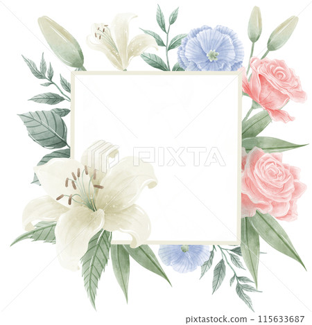 Watercolor Hand drawn illustration 4th of July Independence Day pink rose white lily blue flax flower frame wreath Decoration Illustration Clipart Watercolor Hand drawn illustration 4th of July Independence Day pink rose white lily blue flax flower frame wreath Decoration Illustration Clipart 115633687