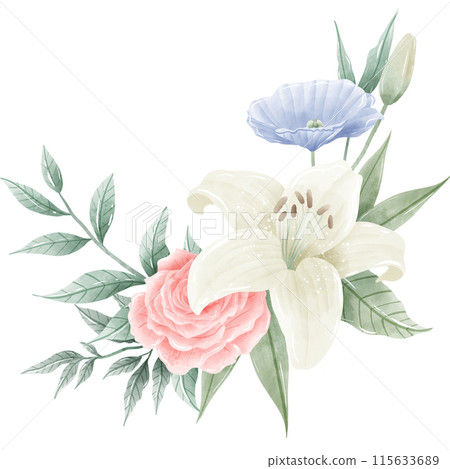 Watercolor Hand drawn illustration 4th of July Independence Day pink rose white lily blue flax flower frame wreath Decoration Illustration Clipart Watercolor Hand drawn illustration 4th of July Independence Day pink rose white lily blue flax flower frame wreath Decoration Illustration Clipart 115633689