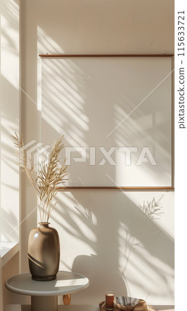 Vertical mockup of blank canvas or picture frame for big square poster in white minimalistic interior. Empty room for exhibition. With warm sunny light. 115633721