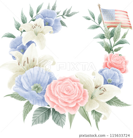 Watercolor Hand drawn illustration 4th of July Independence Day pink rose white lily blue flax flower floral wreath Decoration Illustration Clipart with american flag 115633724