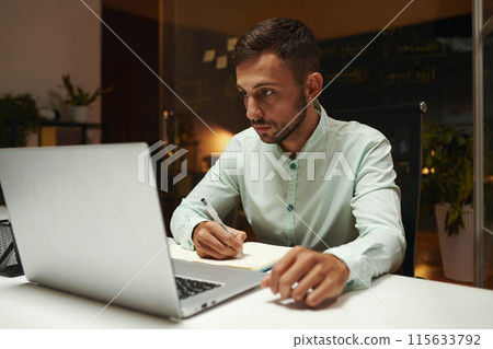 Developer Reading Article on Laptop Developer Reading Article on Laptop 115633792