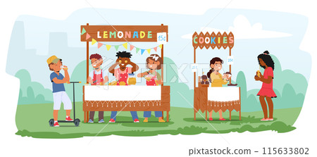 Children Selling Lemonade And Cookie Stands In A Park On A Sunny Day. Characters Interacting With Customers 115633802