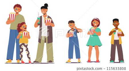 Group Of Kids And Adults Family Characters Enjoying A 3d Movie, Wearing 3d Glasses With Popcorn And Drinks In Hand Group Of Kids And Adults Family Characters Enjoying A 3d Movie, Wearing 3d Glasses With Popcorn And Drinks In Hand 115633808