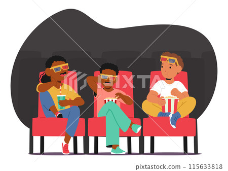 Three Children Characters Enjoying 3d Movie In Cinema, Wearing 3d Glasses And Eating Popcorn Cartoon Vector Illustration Three Children Characters Enjoying 3d Movie In Cinema, Wearing 3d Glasses And Eating Popcorn Cartoon Vector Illustration 115633818