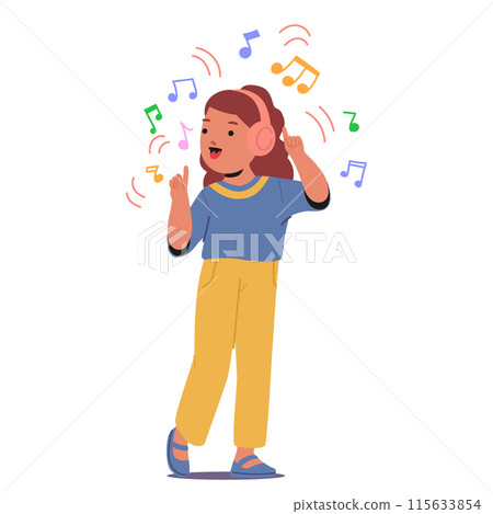 Joyful Child Listening To Music With Headphones. Little Girl Character Is Dancing, Singing And Enjoying The Music Joyful Child Listening To Music With Headphones. Little Girl Character Is Dancing, Singing And Enjoying The Music 115633854