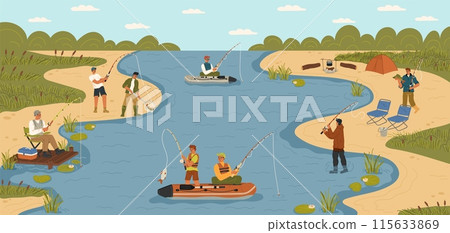 People fishing on river enjoying leisure on nature scene People fishing on river enjoying leisure on nature scene 115633869