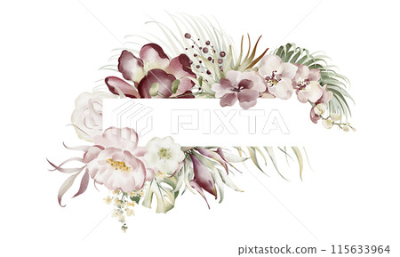 Watercolor frame of tropical flowers and plants. Floral background of roses and peonies. Wedding template for card. Pink flowers exotic composition. Luxury banner. 115633964