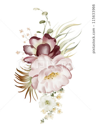 Watercolor flower bouquet. Hand drawn bud pion, rose, eucalyptus and leaves on a white background. Botanical illustration of a wedding branch. Composition of floral elements. Delicate pink floral. Watercolor flower bouquet. Hand drawn bud pion, rose, eucalyptus and leaves on a white background. Botanical illustration of a wedding branch. Composition of floral elements. Delicate pink floral. 115633966