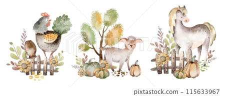 Watercolor illustration of farm animals. Cartoon horse, lamb and rooster on a white background. Livestock hand drawn for a children's card. Composition group of pets. Watercolor illustration of farm animals. Cartoon horse, lamb and rooster on a white background. Livestock hand drawn for a children's card. Composition group of pets. 115633967