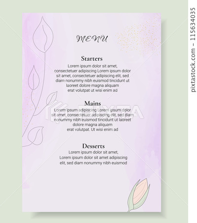 Luxury refined Vector Menu. Template of Menu. Vector Illustration. For a wedding or celebration decorated with leaf and floral style, Watercolor, with gold glitter. Abstract art background design 115634035