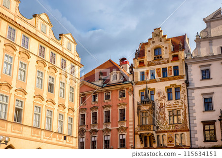 A decorated buildings facade on the southern side of Old Town Square (Staromestske Namesti). Prague, Czech Republic 115634151