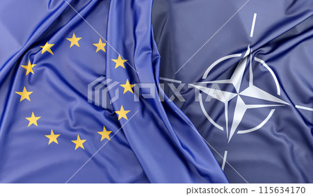 European Union and NATO flags waving together in unity. 3D rendering 115634170