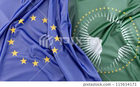 European Union and African Union flags lying together. 3D rendering European Union and African Union flags lying together. 3D rendering 115634171