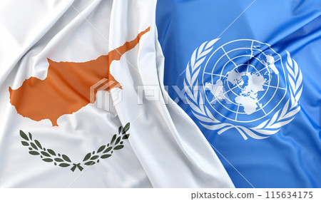 Cypriot and UN flags waving together in the wind. 3D rendering 115634175