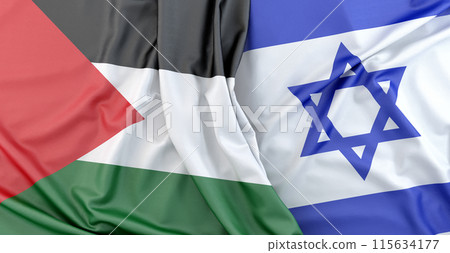 Fabric flag of Palestine laying near flag of Israel. 3D rendering Fabric flag of Palestine laying near flag of Israel. 3D rendering 115634177