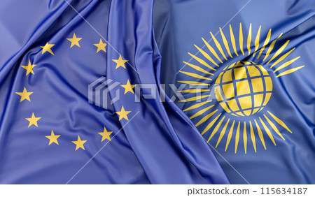 Flags of European Union and Commonwealth of Nations lying on top of each other. 3D rendering Flags of European Union and Commonwealth of Nations lying on top of each other. 3D rendering 115634187