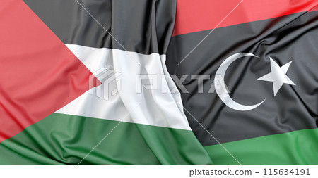 Palestine and Libya flags background showing concept of diplomatic relations. 3D rendering Palestine and Libya flags background showing concept of diplomatic relations. 3D rendering 115634191