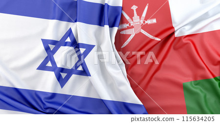 Israeli flag waving next to Omani flag. 3D rendering Israeli flag waving next to Omani flag. 3D rendering 115634205