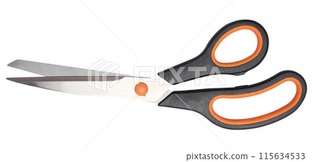 Scissors with plastic handle on isolated background Scissors with plastic handle on isolated background 115634533