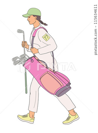 smiling golf club staff character  female caddiewith golf club and club bag 115634611