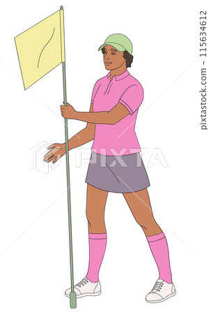 smiling golf club staff character African American female caddie with flag 115634612