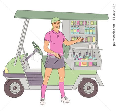 smiling golf club staff character  female caddie with beverage golf car 115634616