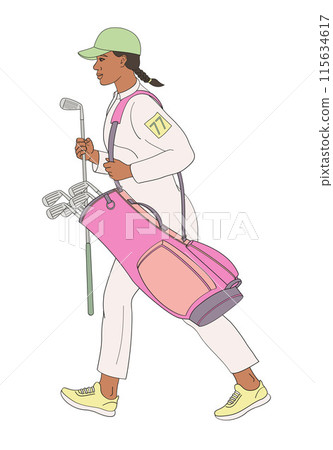 smiling golf club staff character African American female caddiewith golf club and club bag smiling golf club staff character African American female caddiewith golf club and club bag 115634617