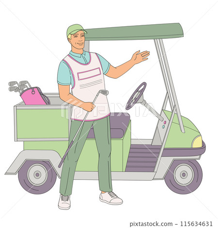 smiling golf club staff character male caddie with golf car buggy smiling golf club staff character male caddie with golf car buggy 115634631