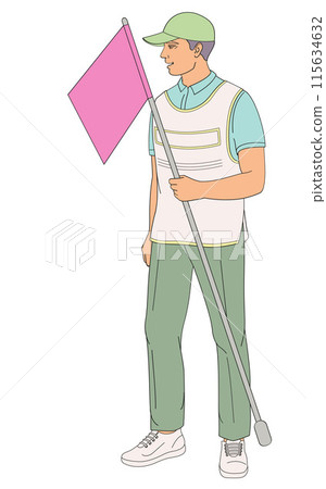 smiling golf club staff character male caddie with flag smiling golf club staff character male caddie with flag 115634632