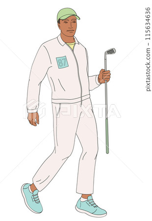 smiling golf club staff character African American male caddie with golf club smiling golf club staff character African American male caddie with golf club 115634636