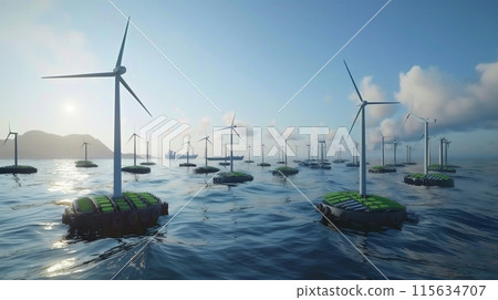 A futuristic scene of windmills in the ocean A futuristic scene of windmills in the ocean 115634707