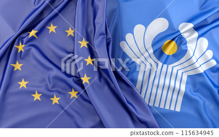 Flags of European Union and commonwealth of independent states lying on top of each other. 3D rendering 115634945