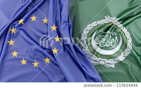 European Union and Arab League flags flowing together. 3D rendering European Union and Arab League flags flowing together. 3D rendering 115634948