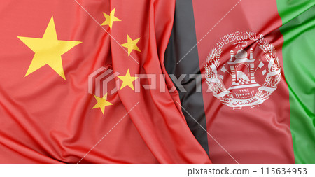 Flags of China and Afghanistan lying side by side. 3D rendering Flags of China and Afghanistan lying side by side. 3D rendering 115634953