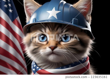 Cute cat in a construction helmet with a USA flag, builder 115635161