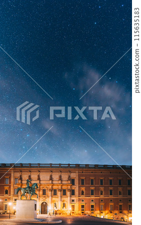 Stockholm, Sweden. Statue Of Former Swedish King Karl XIV Johan Sitting On A Horse Near Royal Palace. Famous Popular Destination Scenic Place In Night Lights 115635183