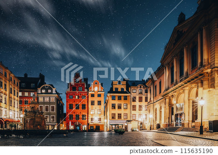 Stockholm, Sweden. Famous Old Colorful Houses, Swedish Academy and Nobel Museum In Old Square Stortorget In Gamla Stan. Famous Landmarks And Popular Place. 115635190