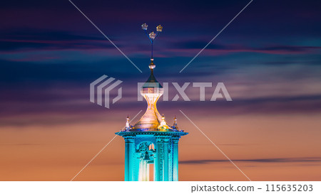 Stockholm, Sweden. Close View Of Famous Tower Of Stockholm City Hall. Popular Destination Scenic In Sunset Twilight Dusk Lights. Evening Lighting 115635203