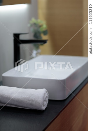 bath towel near vessel bathroom sink 115635210