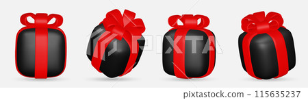 3d gift boxes set with red ribbon bow isolated on a white background. 3d render flying modern holiday closed surprise box. 115635237