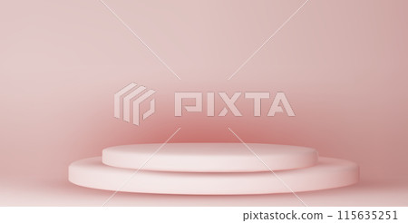 Pink podium mockup. Studio showroom pedestal, fashion showcase mock up scene or exhibition gallery display 3d vector podiums. 115635251