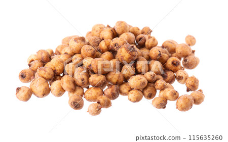 Tiger nuts isolated on white background. Pile of chufa nuts, earth almond or chufa sedge. Cyperus esculentus. Tiger nuts isolated on white background. Pile of chufa nuts, earth almond or chufa sedge. Cyperus esculentus. 115635260