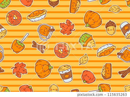 Autumn kawaii pattern. Happy Thanksgiving Day and Halloween traditional cute symbols. Autumn kawaii pattern. Happy Thanksgiving Day and Halloween traditional cute symbols. 115635263
