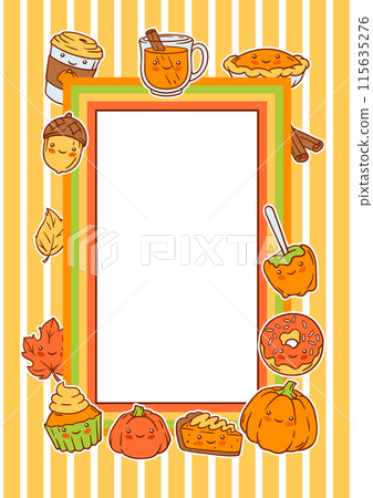 Autumn kawaii card. Happy Thanksgiving Day and Halloween traditional cute symbols. Autumn kawaii card. Happy Thanksgiving Day and Halloween traditional cute symbols. 115635276