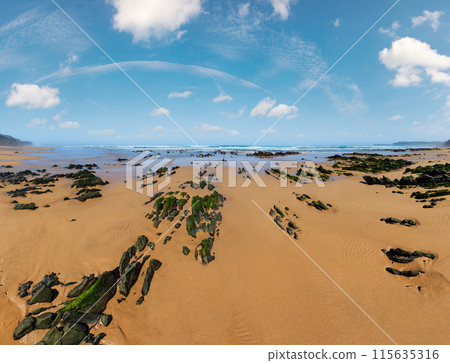 Rock formations on sandy beach (Portugal). 115635316